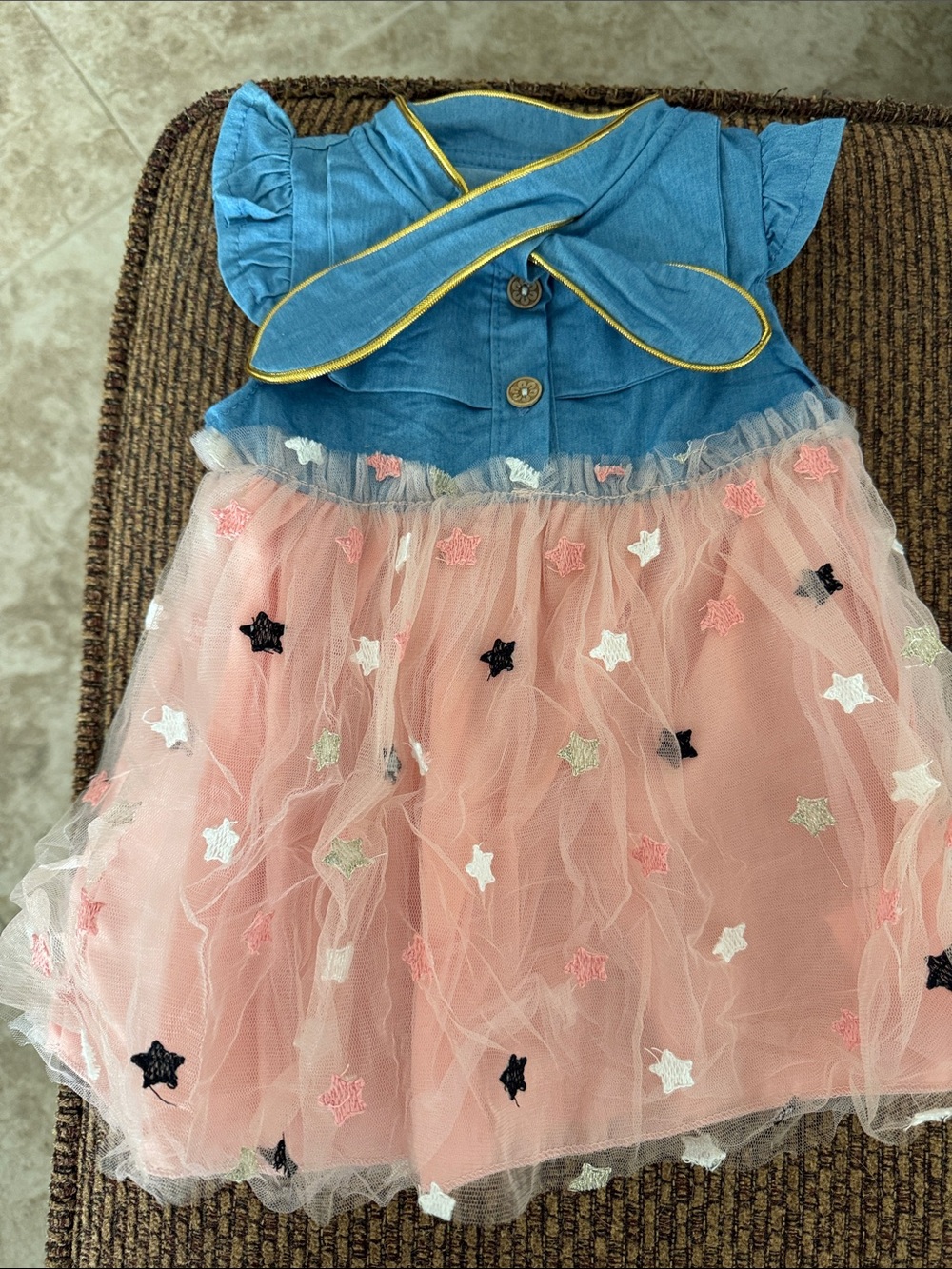 Girls Sailor Collar Blue Bodice Pink Star Tulle Dress